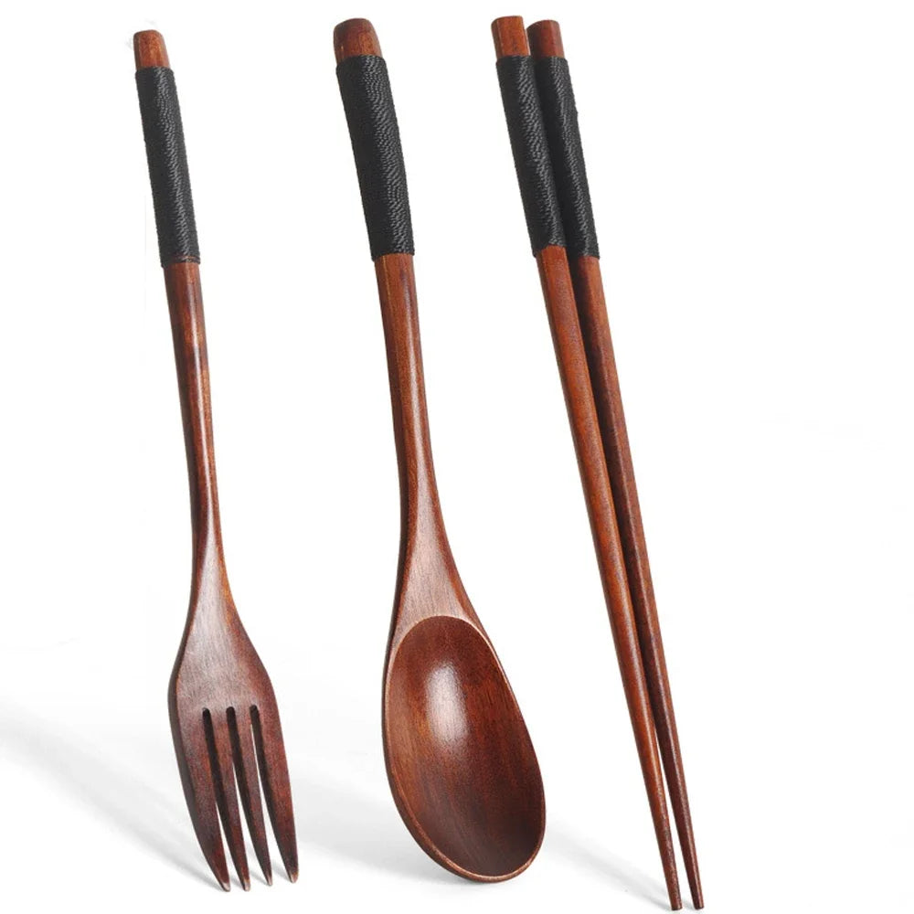 Natural Wood 3-Piece Tableware Set – Spoon, Fork & Chopsticks