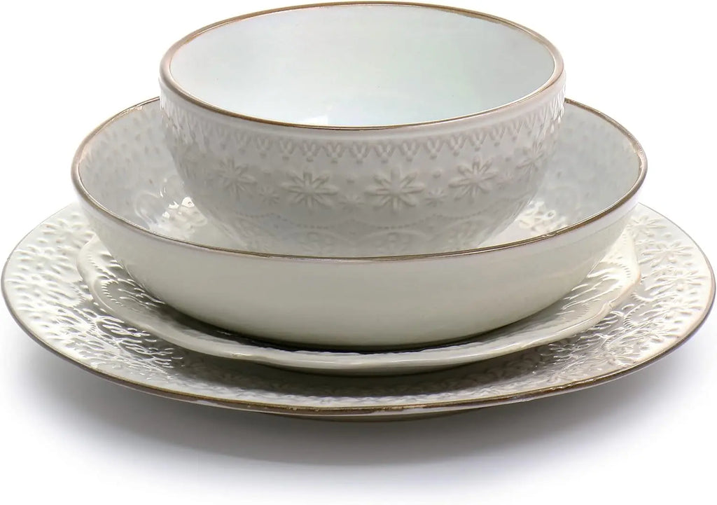 Countess 16-Piece Embossed Double Bowl Stoneware Dinnerware Set in Ivory