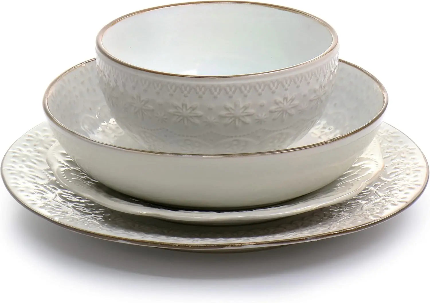 Countess 16-Piece Embossed Double Bowl Stoneware Dinnerware Set in Ivory
