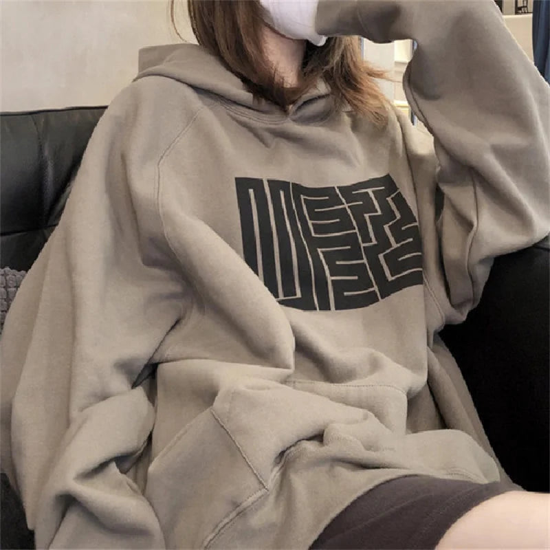 Vintage Letter Print Hoodie for Women - Oversize Pullover