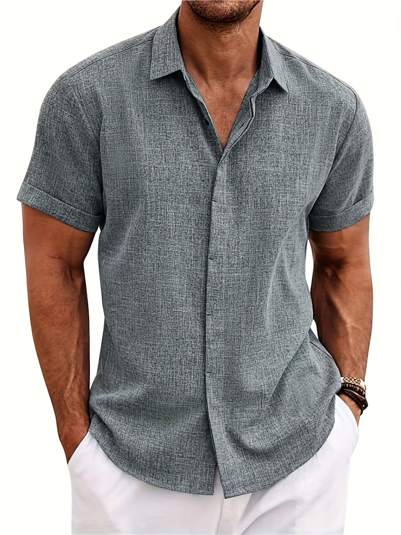 Men's Double Front Hemp Cardigan Lapel Short Sleeve Shirt – High Quality