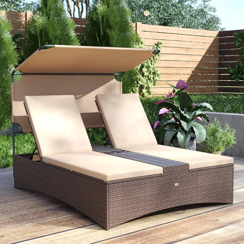 2-Person Outdoor Rattan Lounger with Canopy