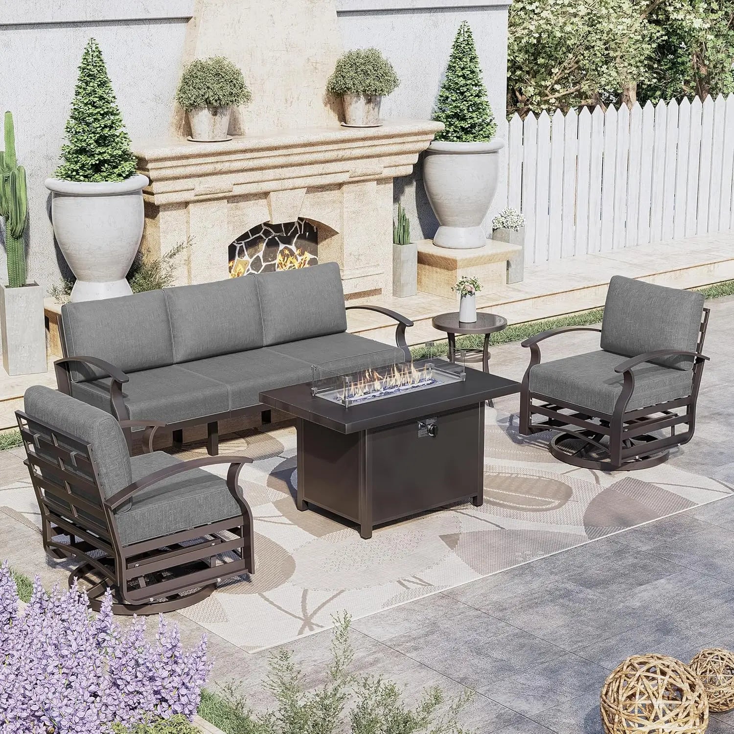 Aluminum Patio Set with Sectional Sofa, Fire Pit Table & Swivel Chairs