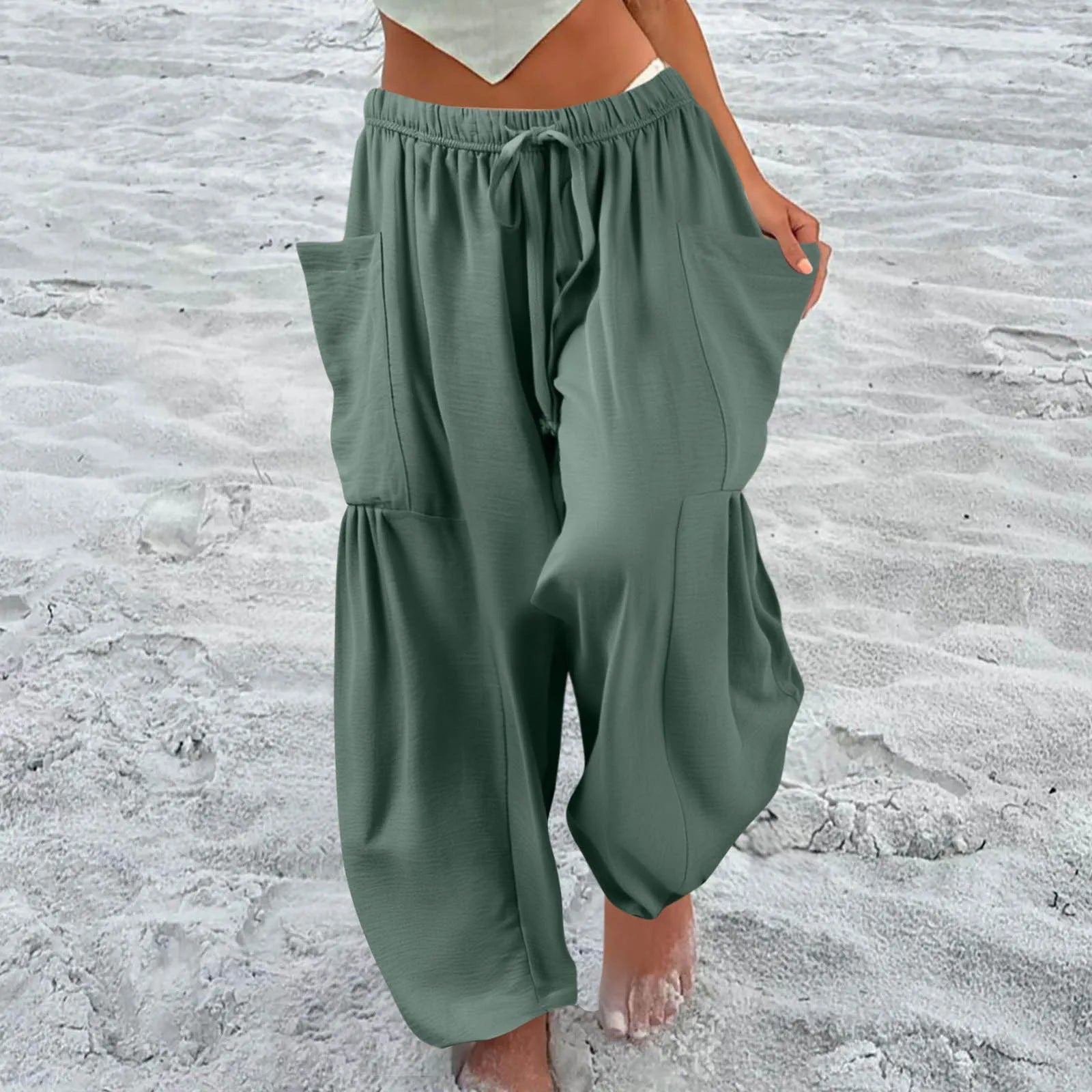 Women’s Plus Size Middle Waist Baggy Pants with Pockets – Korean Fashion