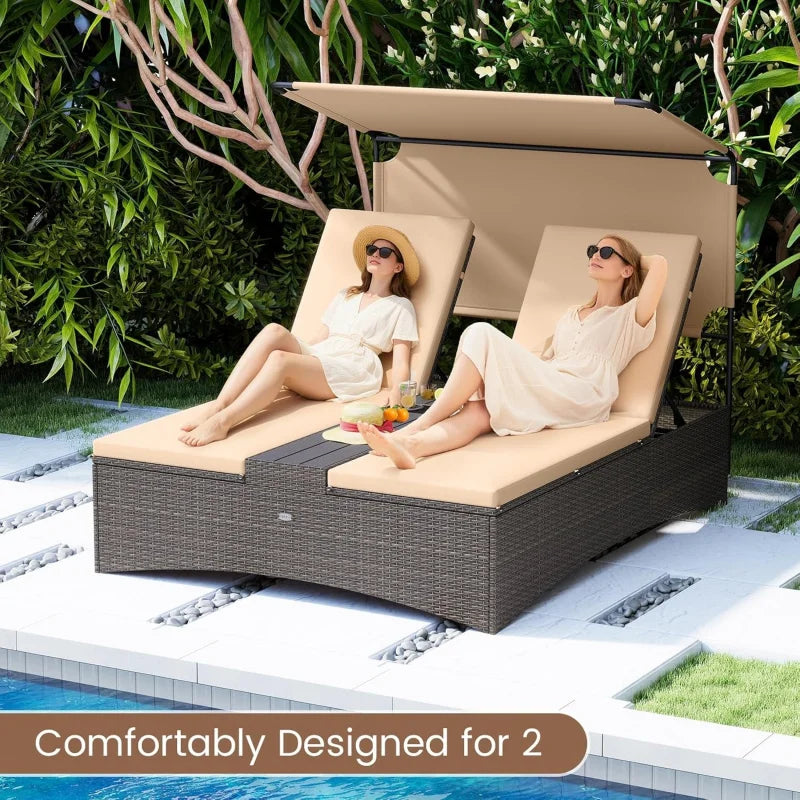 2-Person Outdoor Rattan Lounger with Canopy