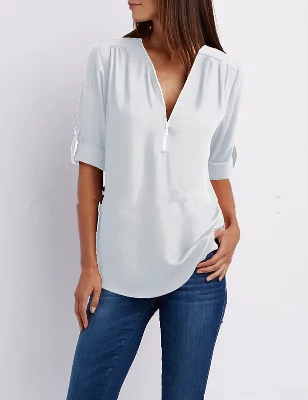 Women’s Loose Casual Deep V-Neck Chiffon Blouse – Zipper Pullover