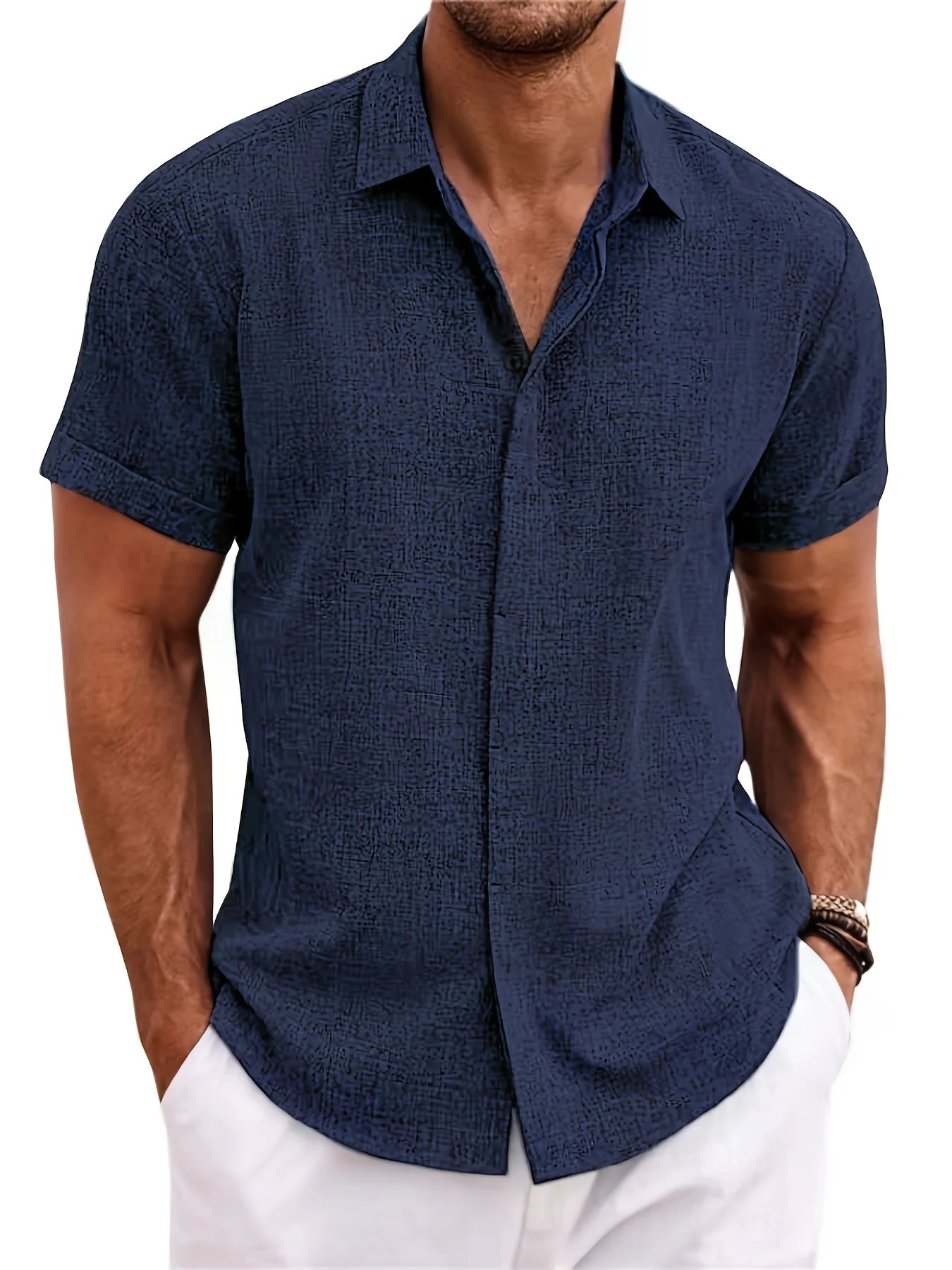 Men's Double Front Hemp Cardigan Lapel Short Sleeve Shirt – High Quality