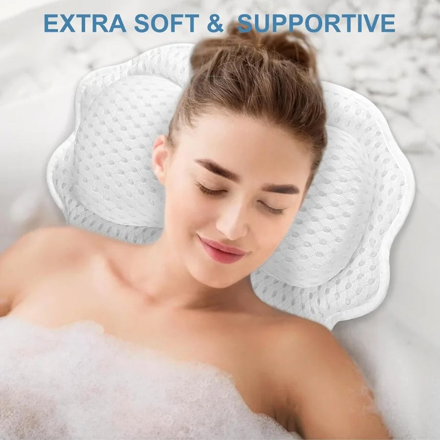 Relaxing Bath Pillow, 4D Breathable Air Mesh, Ergonomic Design, Strong Suction Cups
