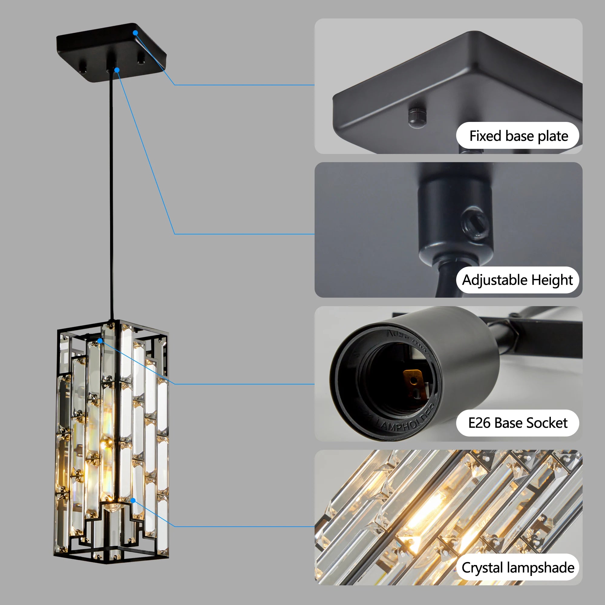 Luxury Hanging Crystal Pendant Light - 3 Pack, Adjustable, Black Finish