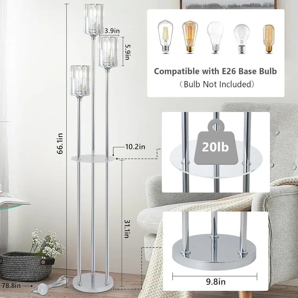 Modern Floor Lamp with Shelves – 3-Light Crystal Shade Standing Lamp, Silver