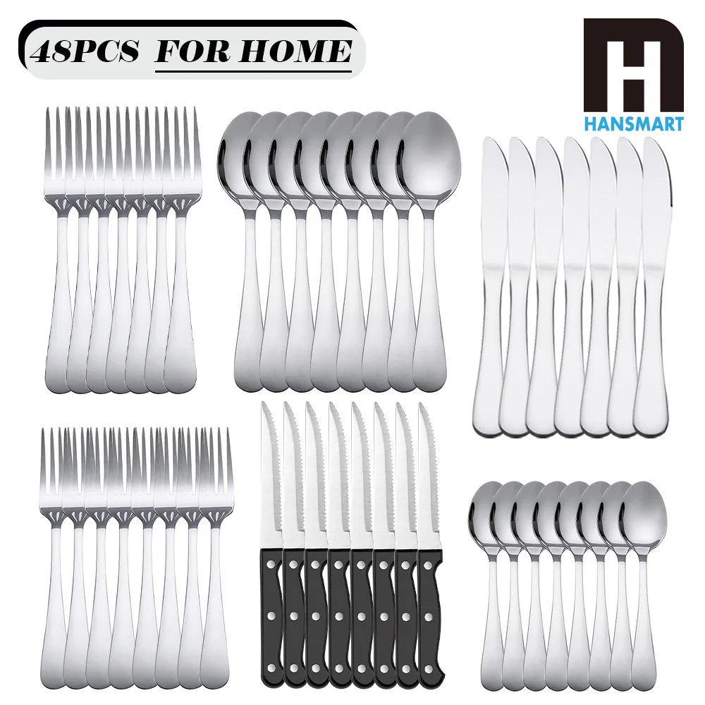 48-Piece Stainless Steel Cutlery Set with Steak Knives