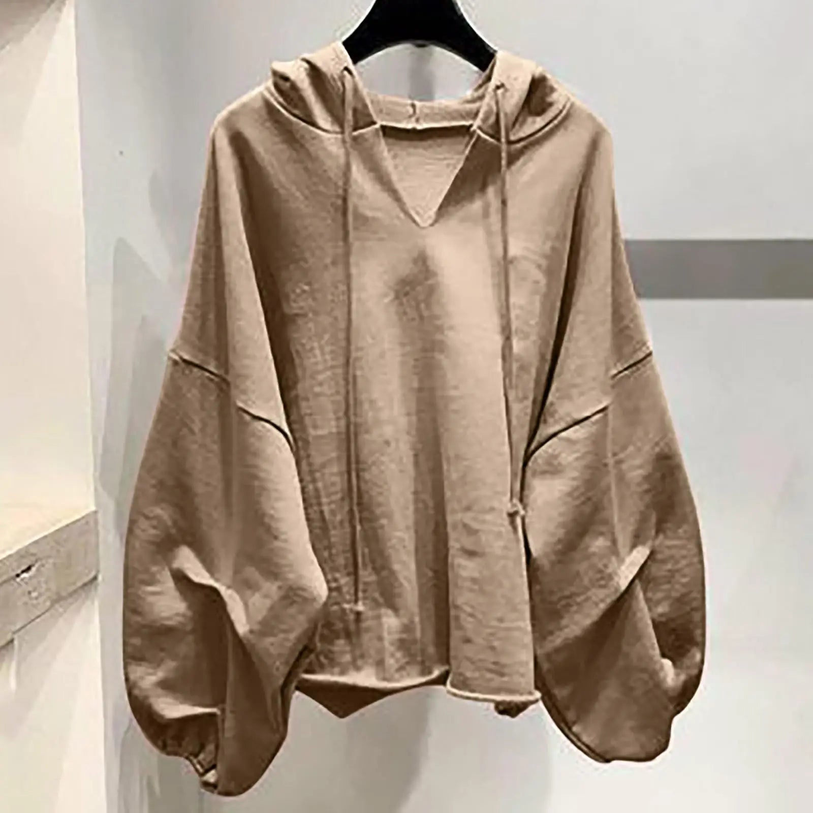 Women’s Casual Solid Color V-Neck Hooded Loose Long Sleeve Sweatshirt