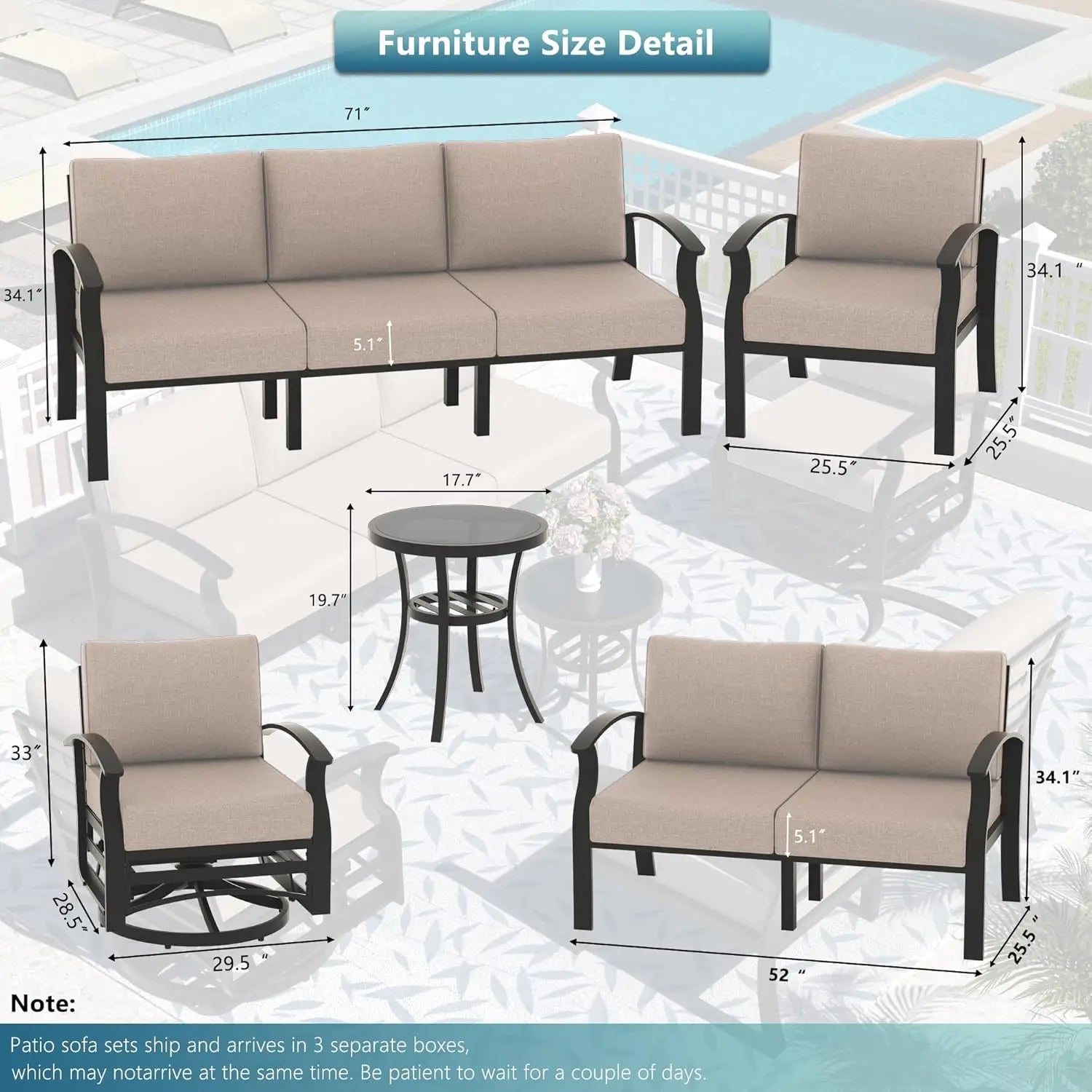 Aluminum Patio Set with Sectional Sofa, Fire Pit Table & Swivel Chairs