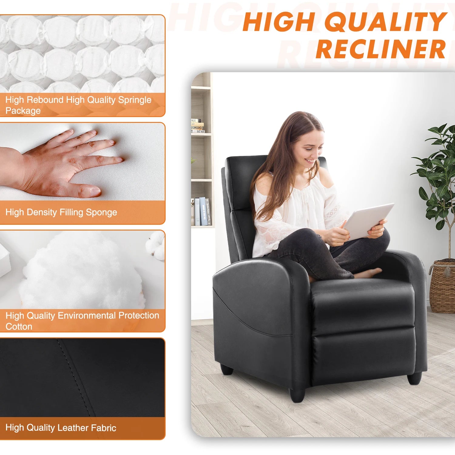 Recliner Massage Chair, Sofa Fabric, Adjustable Padded Seat Backrest, Lumbar Support