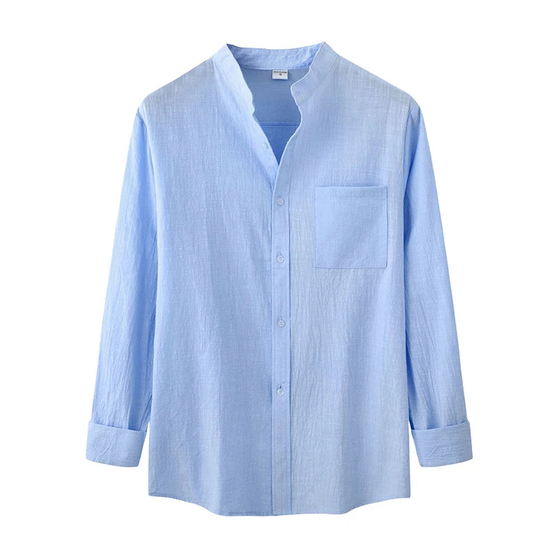 Men’s Casual Long Sleeve Mock Neck Solid Color Button-Up Shirt