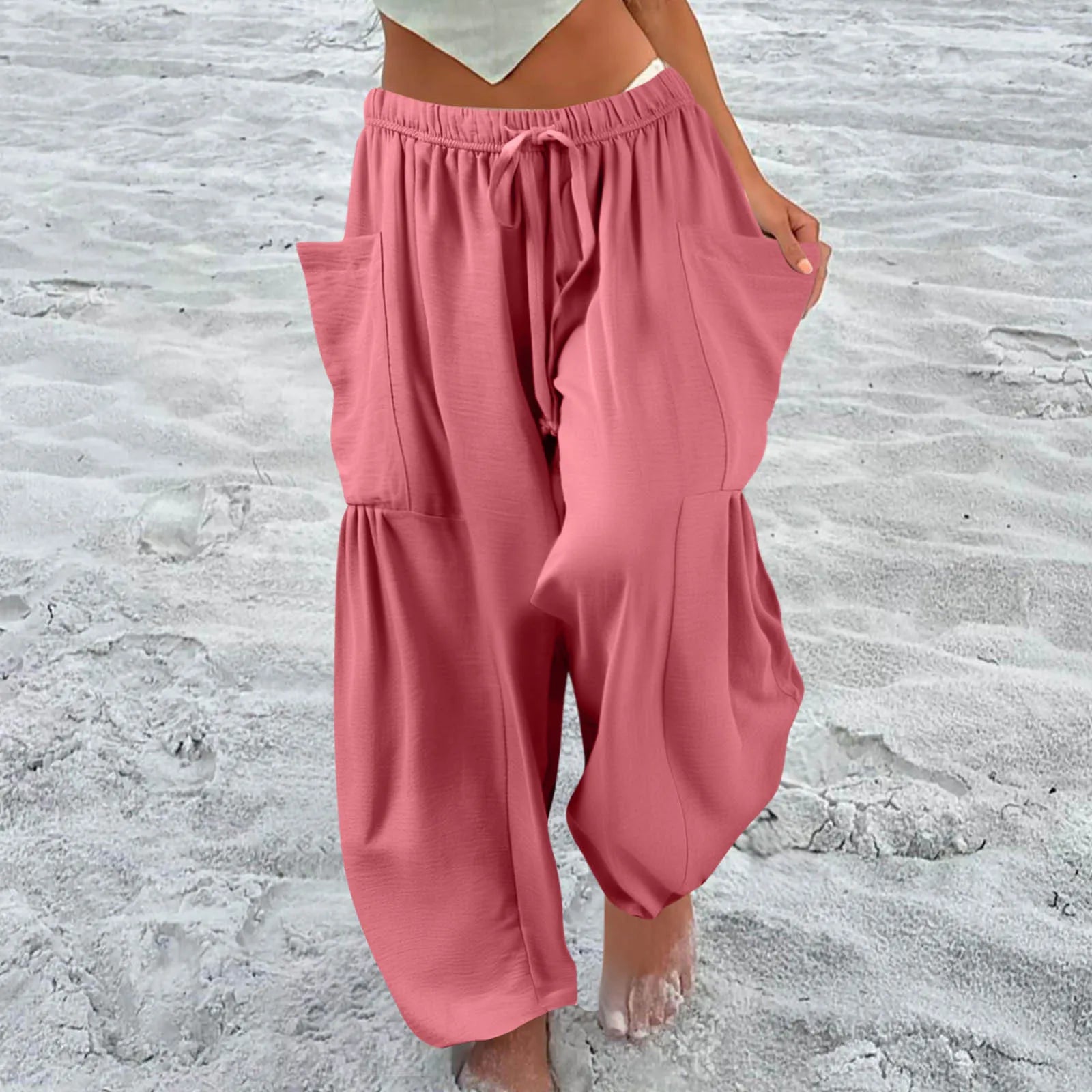 Women’s Plus Size Middle Waist Baggy Pants with Pockets – Korean Fashion