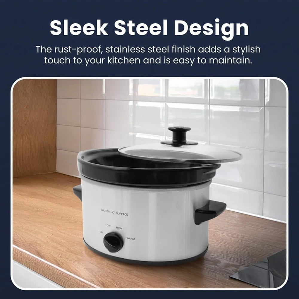 2 Qt Oval Stainless Steel Slow Cooker, Low/High/Defrost Settings