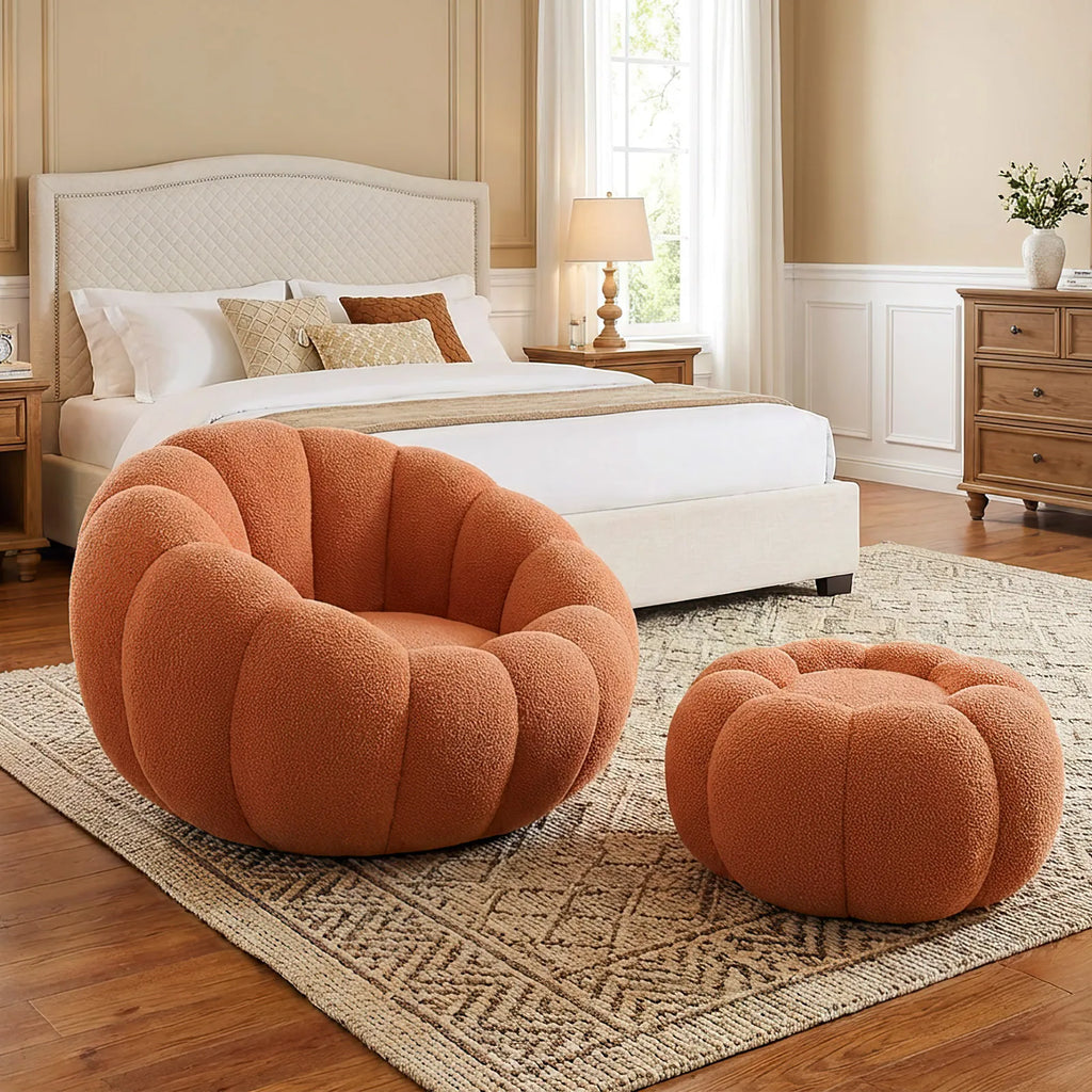 Pumpkin Shape Accent Chair with Footstool