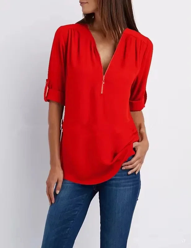 Women’s Loose Casual Deep V-Neck Chiffon Blouse – Zipper Pullover