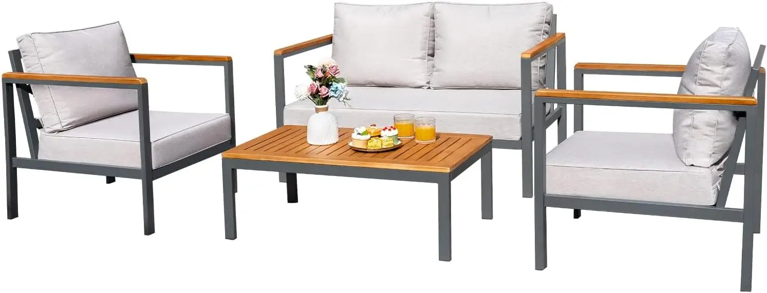 4-Piece Patio Lounge Set with Solid Wood Armrests & Tabletop, Waterproof Cushions – Light Beige