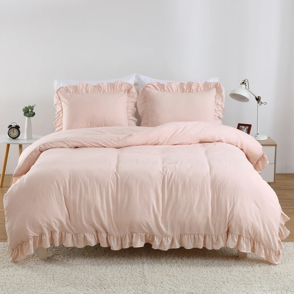 Lotus Leaf Edge Bedding Duvet Cover Set, Soft Washed Polyester, 1 Duvet Cover + 2 Pillowcases