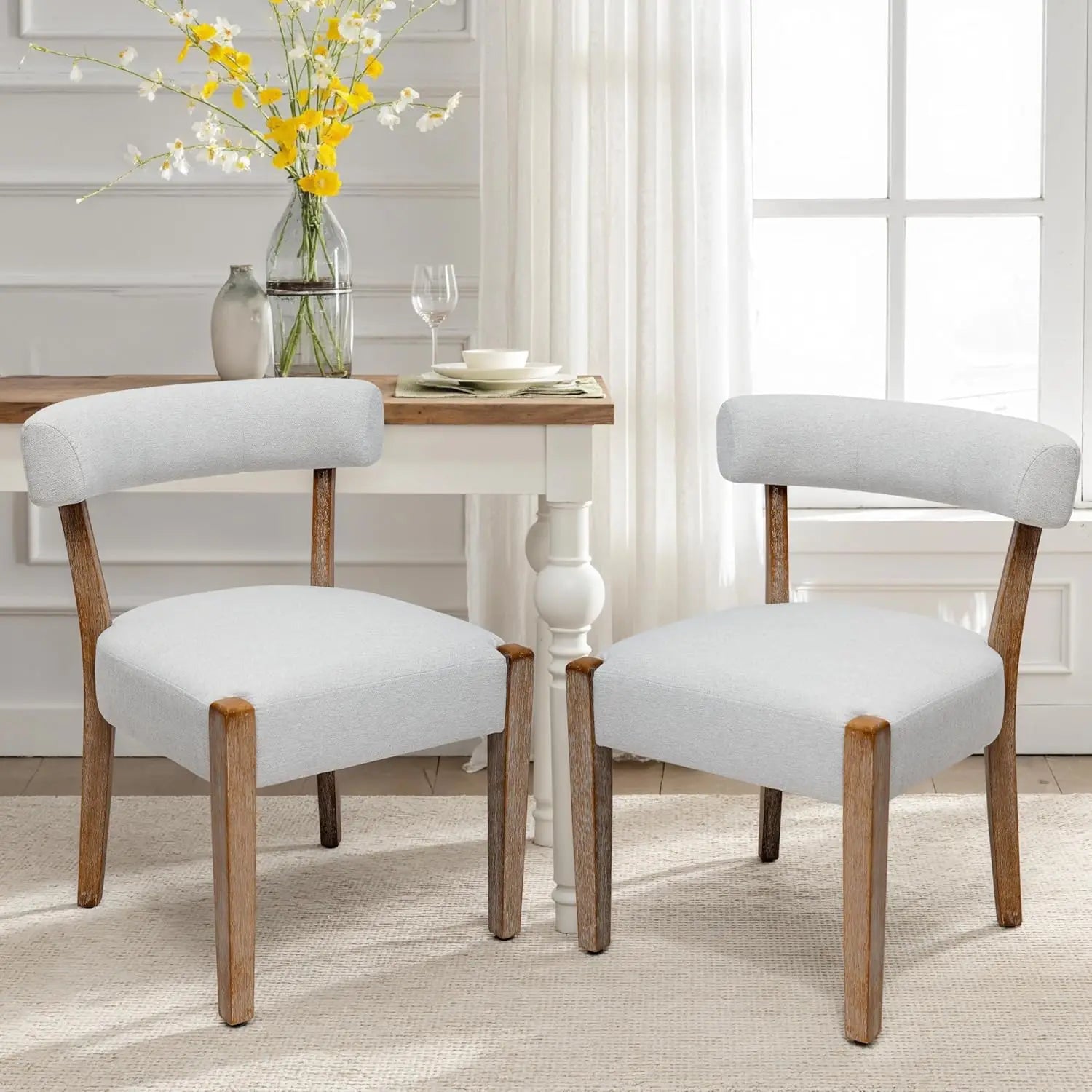 Wooden Dining Chairs, Set of 4, Upholstered Linen Fabric