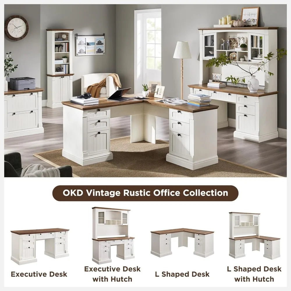 60" L Shaped Executive Desk with Hutch, Drawers & Charging Station