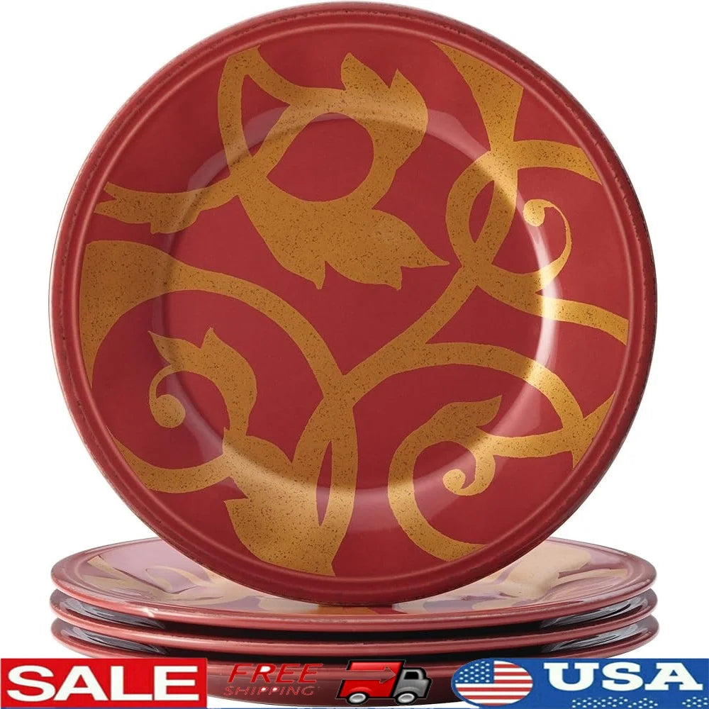 Gold Scroll 4-Piece Round Appetizer Plate Set – Elegant & Durable Stoneware