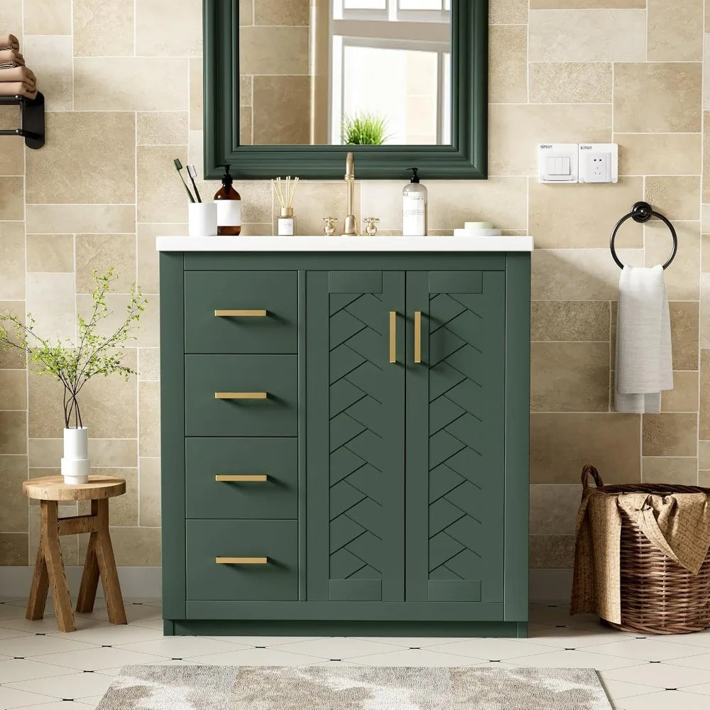 30" Bathroom Vanity with Ceramic Sink, Storage Cabinet, 4 Drawers, 2 Doors