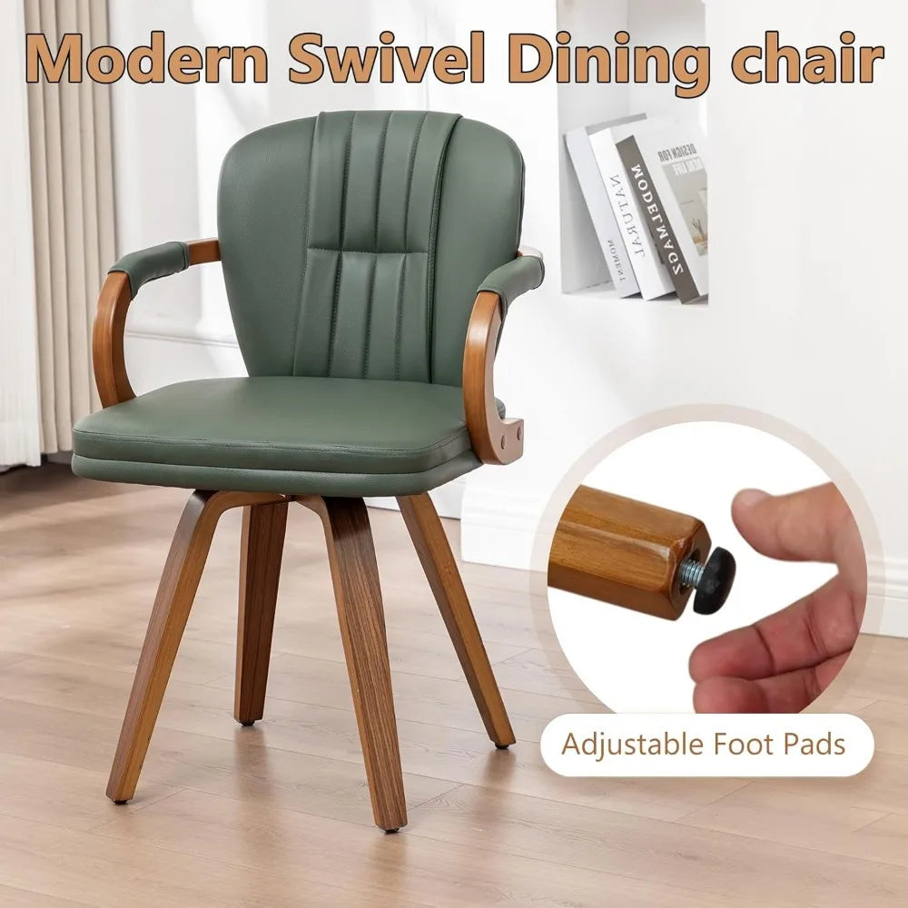 Swivel Dining Chairs Set of 2 – Mid-Century Modern Green Leather Upholstered