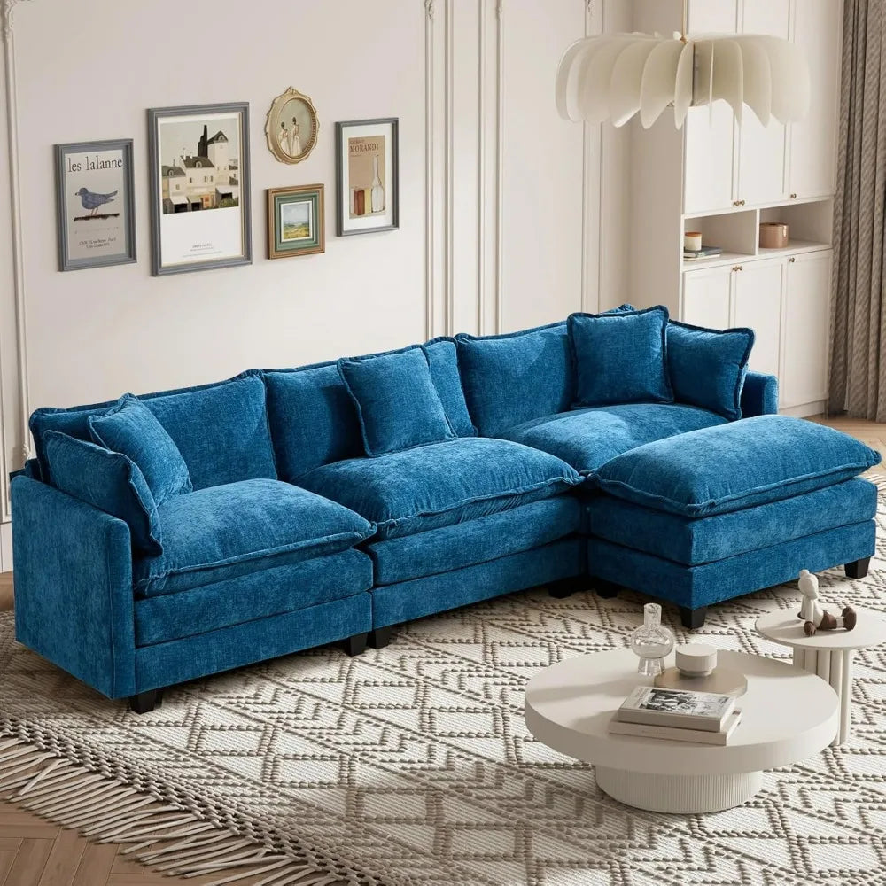 111.5” Modular L-Shaped Sectional Sofa with Ottoman and Pillows, Chenille Upholstery