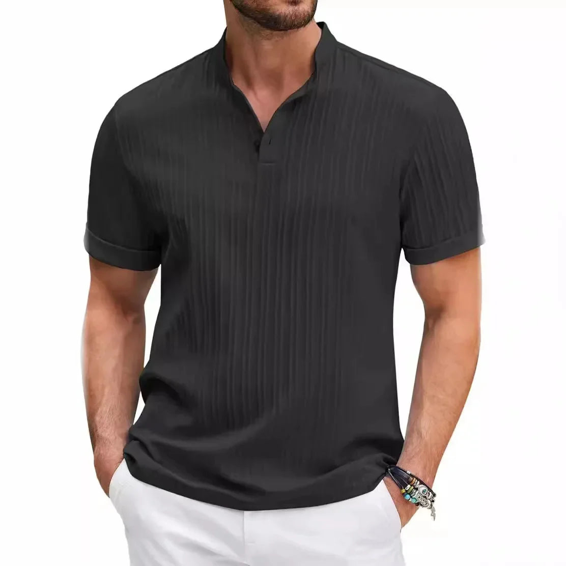Men's Retro Cotton and Linen Casual Shirt with Sporty Stand-up Collar