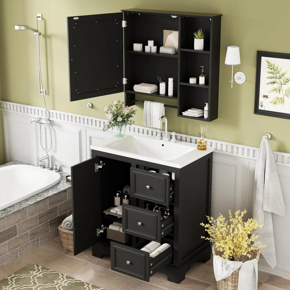 30-inch Elegant Bathroom Vanity with Sink, Storage Cabinet, 3 Drawers, Adjustable Shelves