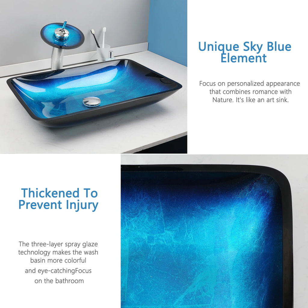 Big Countertop Tempered Glass Sink Faucet Set