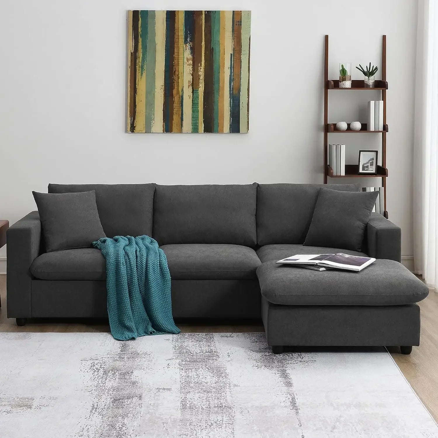 L Shaped 4 Seater Comfy Sofa with Convertible Ottoman, Polyester Fabric