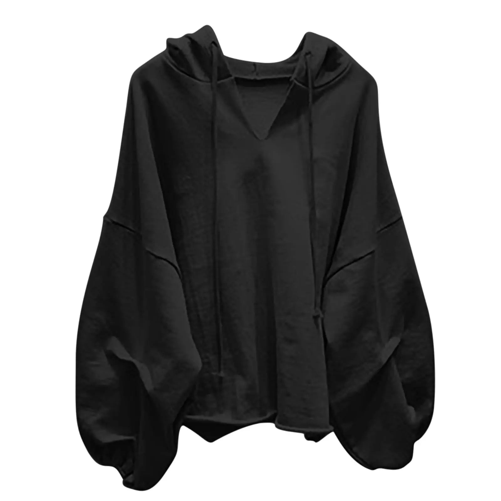 Women’s Casual Solid Color V-Neck Hooded Loose Long Sleeve Sweatshirt
