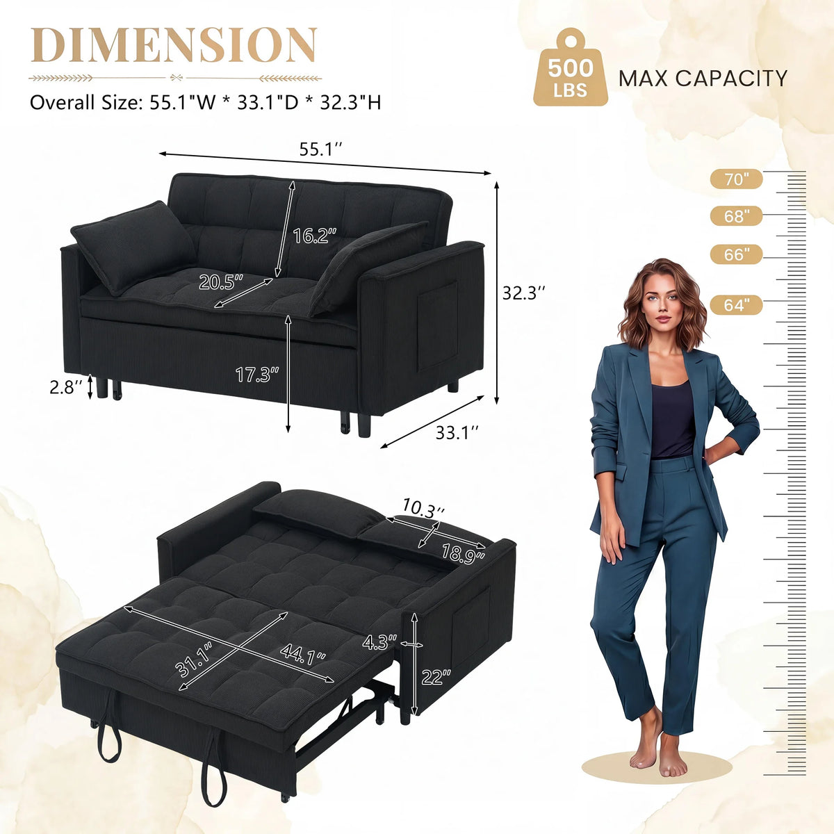 Corduroy Convertible Sleeper Sofa Bed
