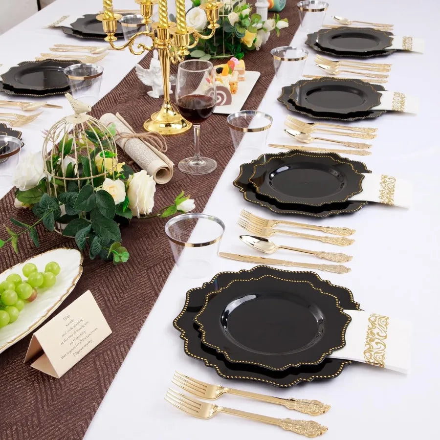 175-Piece Black Dinnerware Set with Disposable Silverware for 25 Guests