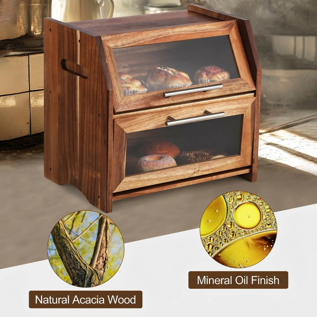 Acacia Wood Double-Layer Bread Box with Clear Acrylic Doors
