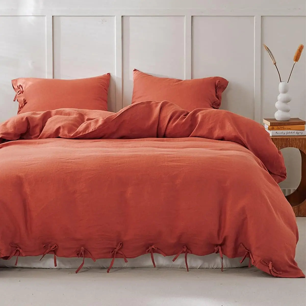 3 Pcs Bedding Set, 100% Linen with Bowknot Ties – French Queen/King