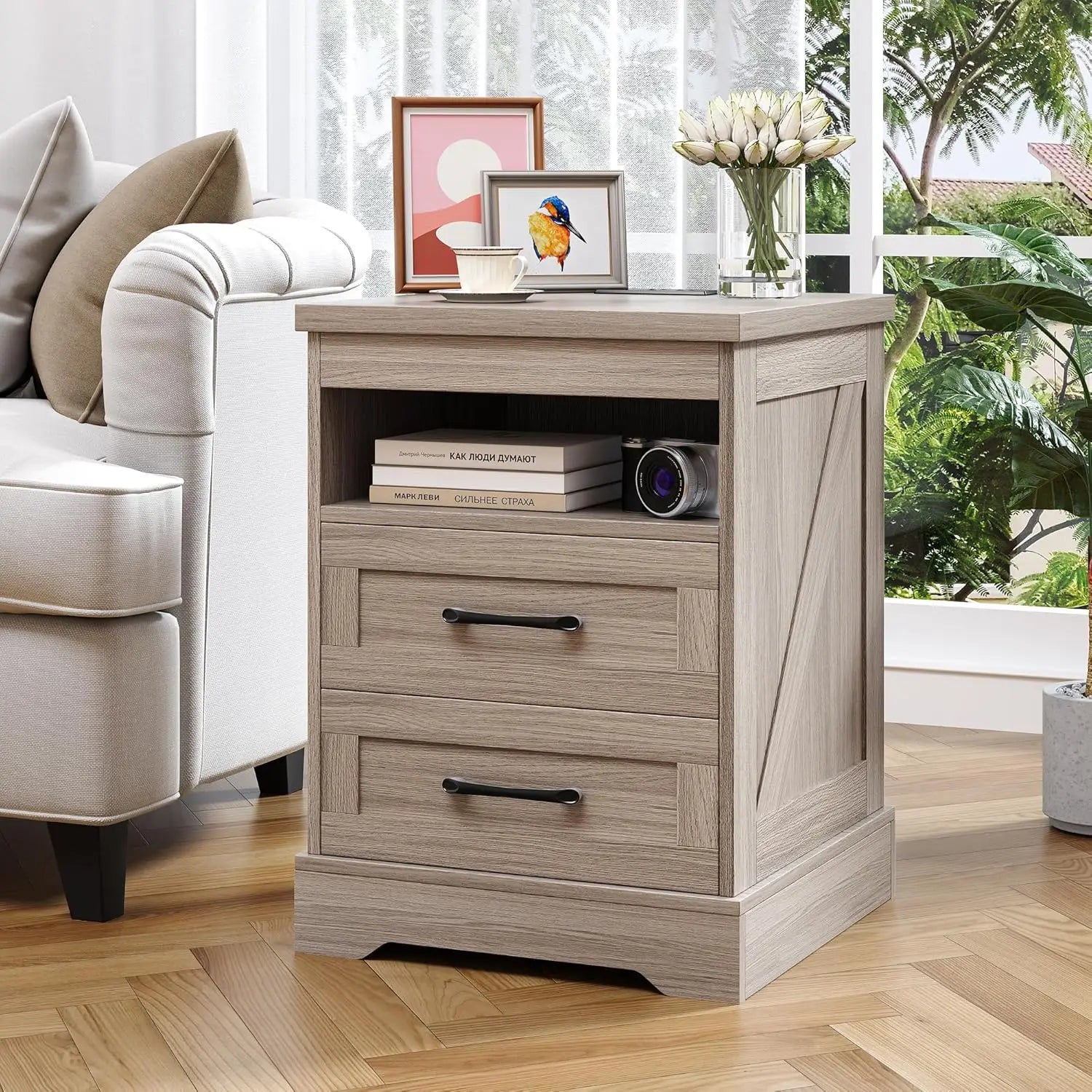 18'' Farmhouse Nightstand with LED Lights, Power Outlets & USB Ports