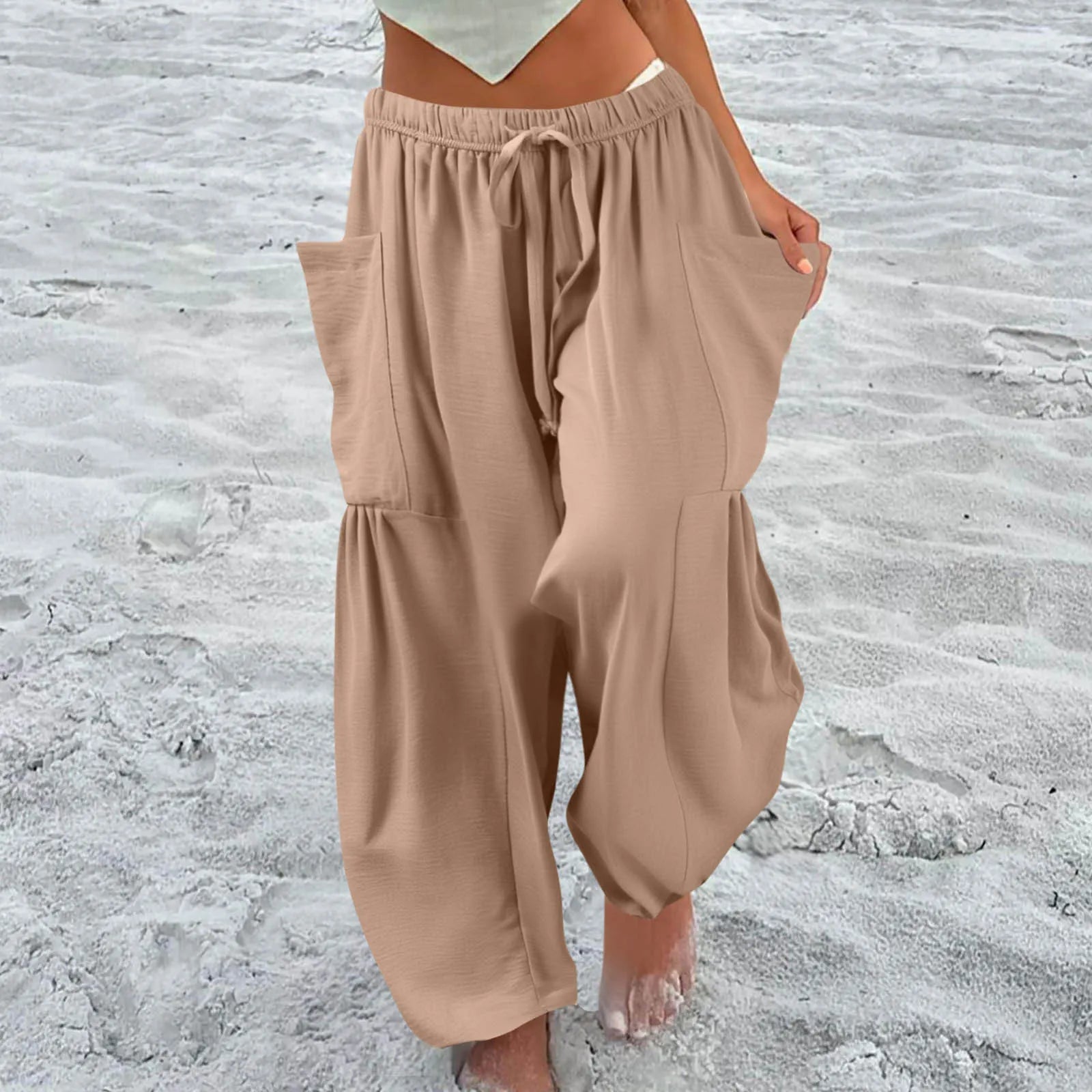 Women’s Plus Size Middle Waist Baggy Pants with Pockets – Korean Fashion