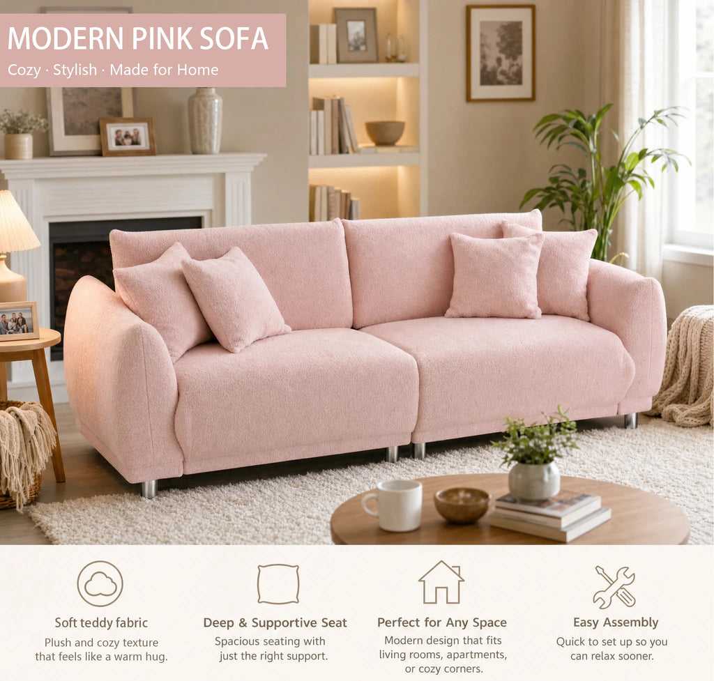 86.6-Inch Teddy Fleece Sofa with Four Throw Pillows