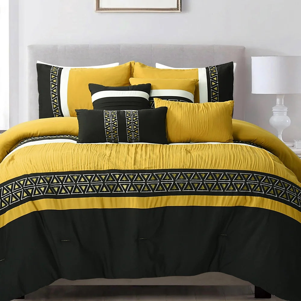 Soft Luxurious 7 Piece Yellow Embroidered Queen Comforter Set, Machine Washable