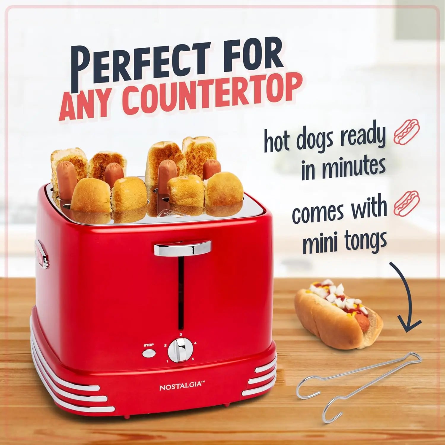 4-Slot Hot Dog & Bun Toaster with Mini Tongs