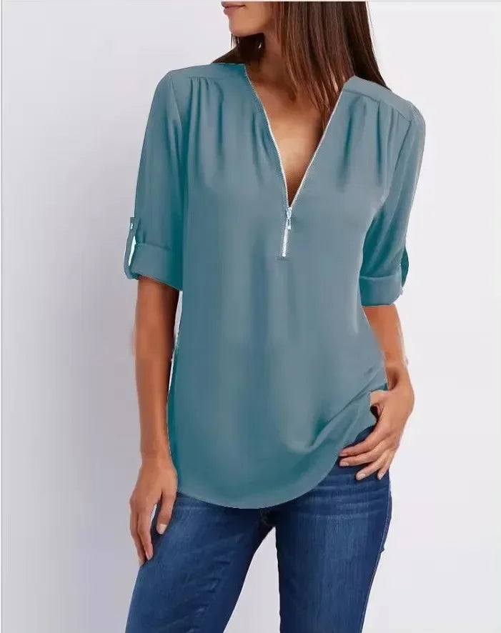 Women’s Loose Casual Deep V-Neck Chiffon Blouse – Zipper Pullover