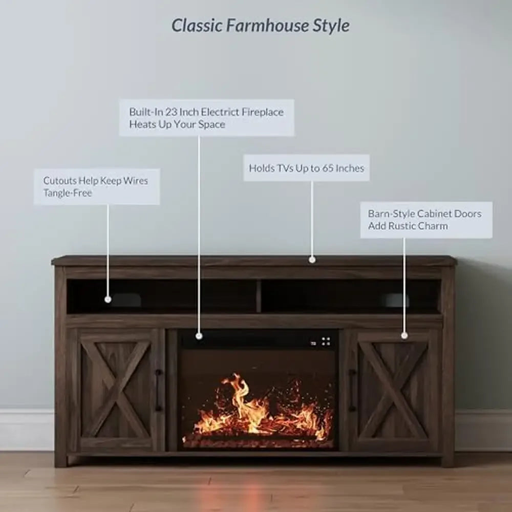 Wood Farmhouse Design Electric Fireplace Console, Holds TVs up to 65"