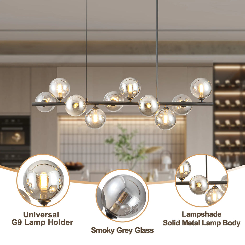 10-Light Matte Black Adjustable Chandelier with Smoked Glass Globe Shades