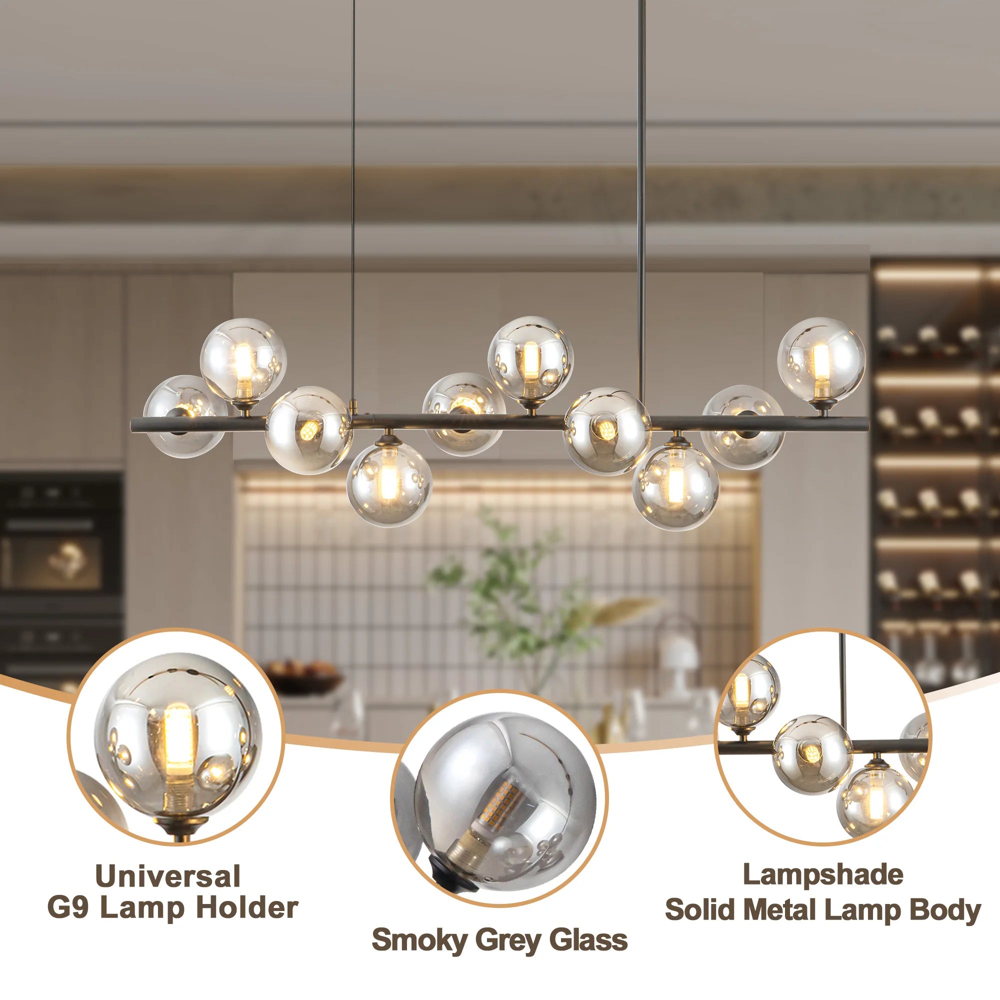 10-Light Matte Black Adjustable Chandelier with Smoked Glass Globe Shades