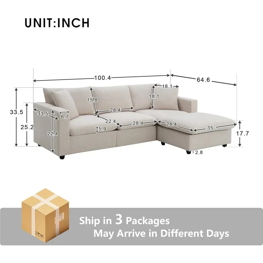 L Shaped 4 Seater Comfy Sofa with Convertible Ottoman, Polyester Fabric